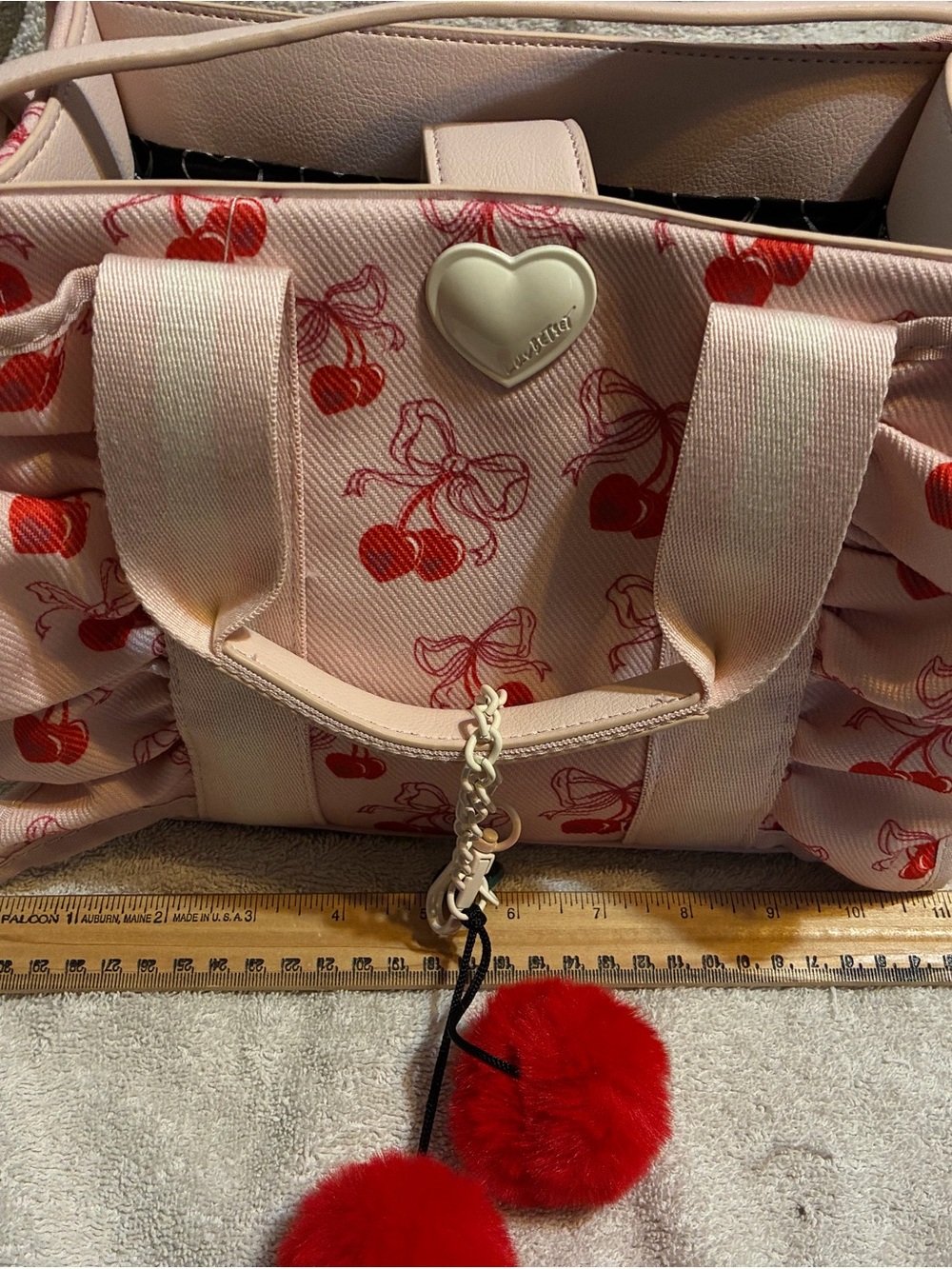 Betsey Johnson Pink Cherry-Print Tote with Red Pom Charm